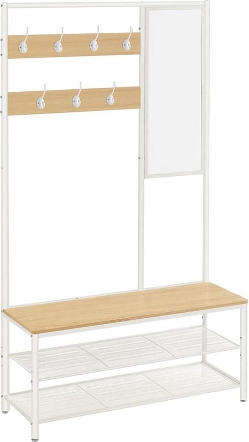 FurnStar Kapstok met schoenenopberger Kapstok voor gang met spiegel Haken Bank en schoenenplanken 35 x 98 x 180 cm Hal slaapkamer Entree Industrieel Eiken Kleur+wit