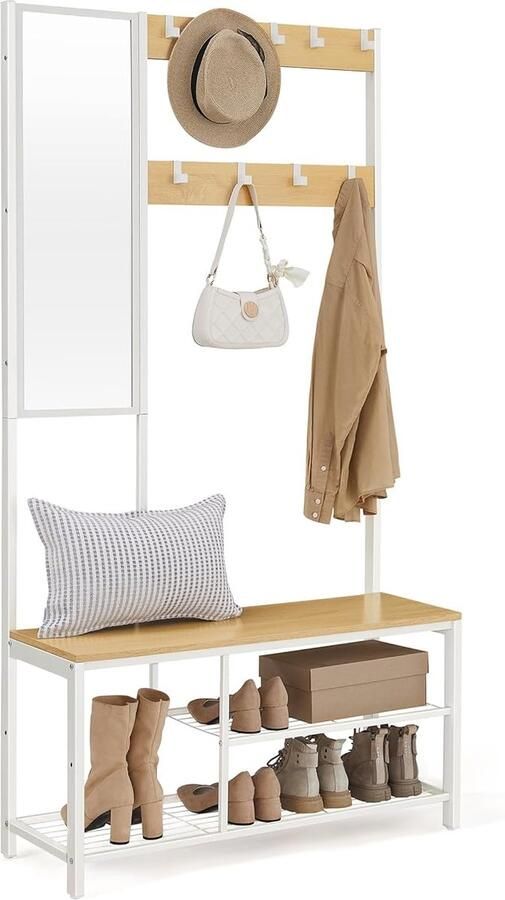 FurnStar – Kapstok met spiegel – Halmeubel met haken Schoenenbank en planken – Industriële stijl – 36 x 98 x 185 cm – Eiken-Wit