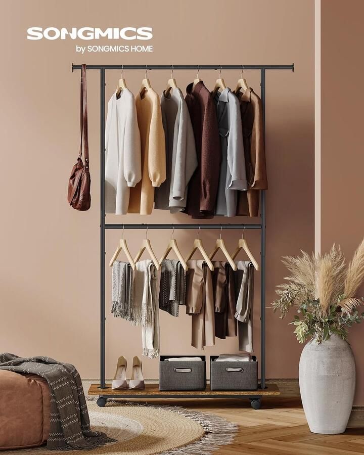 FurnStar Kapstok Staand Kapstokken -Kledinghangers Dubbele Kapstok Met Zwenkwielen En Plank ‎35 x 98.5 x 18.3 cm Rustiek Bruin En Inktzwart - Foto 2