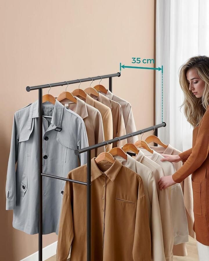 FurnStar Kapstok Staand Kapstokken -Kledinghangers Dubbele Kapstok Met Zwenkwielen En Plank ‎39.6 x 98.5 x 156.8 cm Rustiek Bruin En Inktzwart - Foto 2