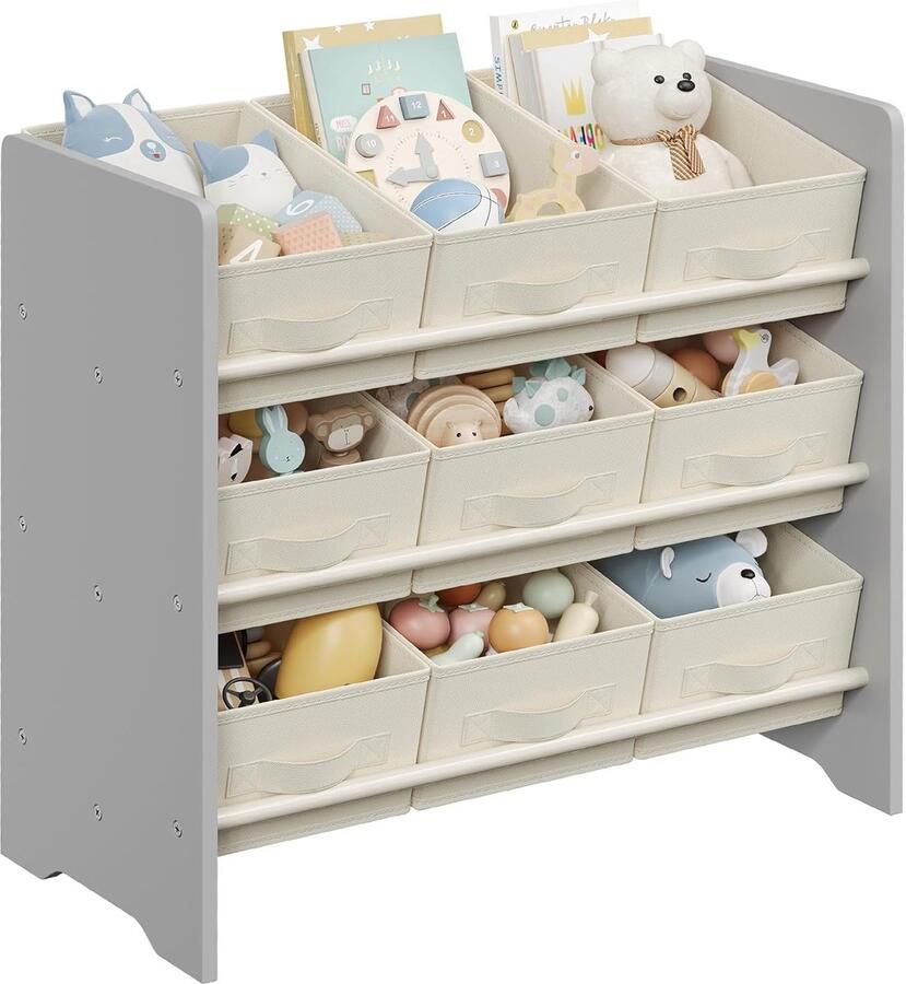 FurnStar Kinderrek Speelgoedrek Boekenrek voor kinderen Met 9 opbergdozen van vliesstof Ruime opbergruimte 29 5 x 62 5 x 60 cm Duifgrijs GKR033G10