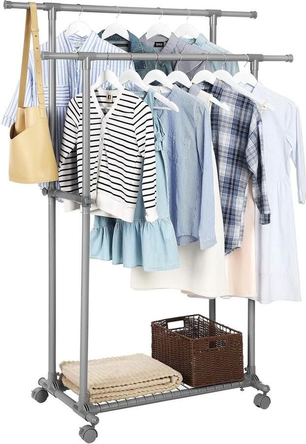 FurnStar Kledinghangers Kledingrek Metaal Schoenenrek Kledingkasten Slaapkamer 87 tot 150 cm met wielen en opbergruimte Kledingrek Sjaals Grijs