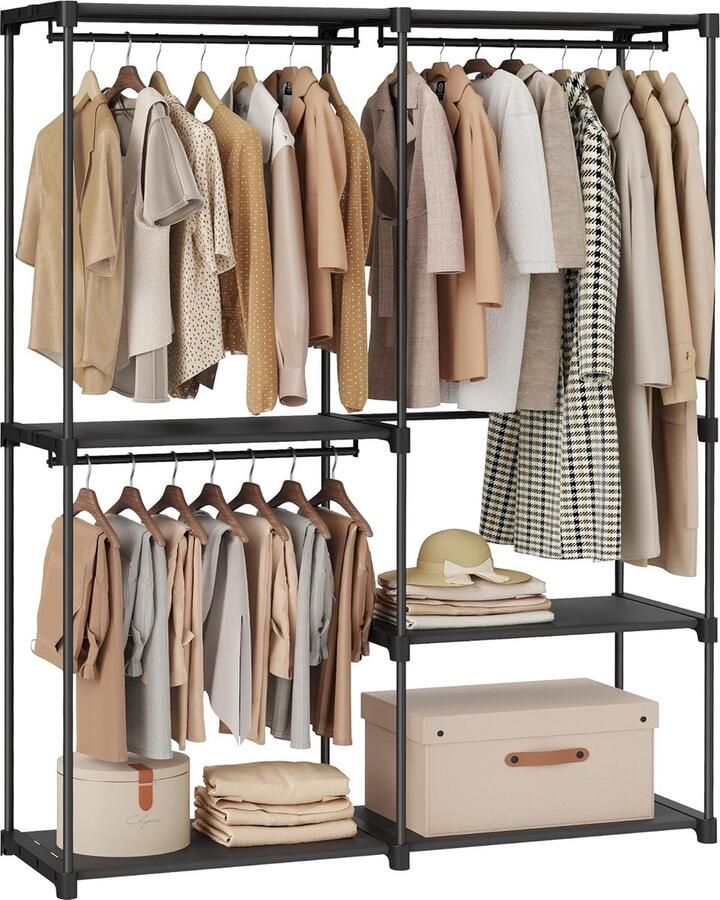 FurnStar Kledingkast vrijstaande garderobe met kledingstangen kapstok stoffen planken metalen frame 138 x 43 x 182 cm zwart RYG025B02