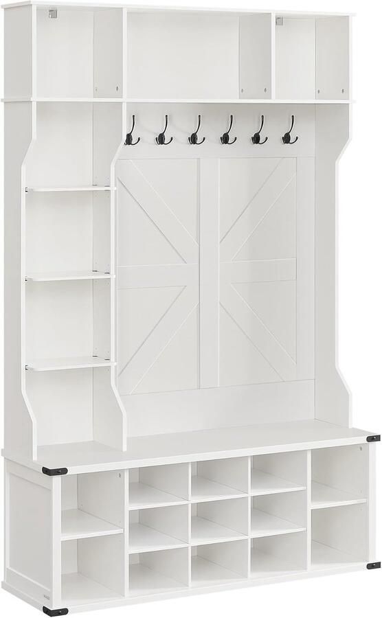 FurnStar kledingrek garderobe entreemeubel met schoenenrek verstelbare planken 20 open vakken 6 drievoudige haken landelijke stijl vrijstaand voor entree hal wolkenwit