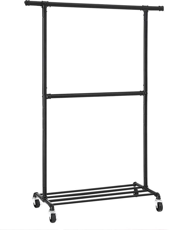 FurnStar Kledingrek in industrieel design belastbaar tot 110 kg kapstok op wielen 2 kledingroedes van metaal goed draagvermogen presentatie in de winkel zwart HSR62BK