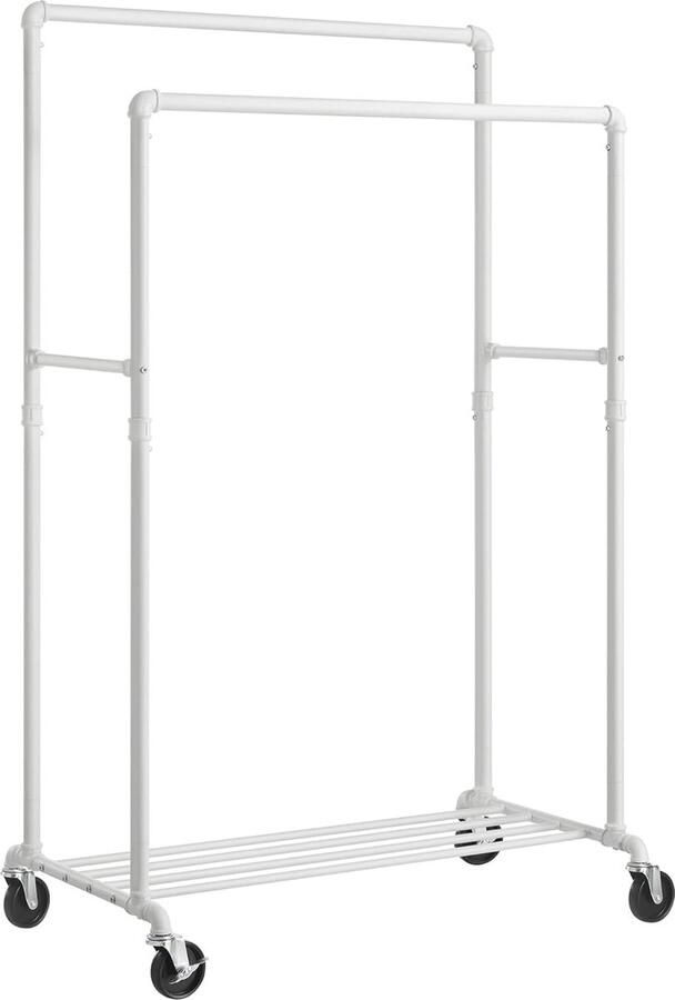 FurnStar Kledingrek Kapstok met dubbele 100 cm lange ophangrails Metalen frame met wielen en opbergplank 2 zwenkwielen met rem Maximale belasting van 90 kg 59 x 100 x 162 cm Wit