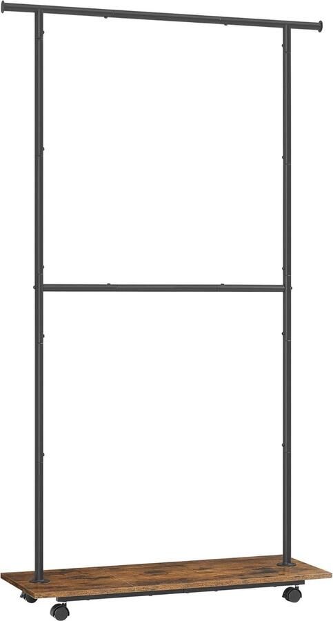 FurnStar Kapstok Staand Kapstokken -Kledinghangers Dubbele Kapstok Met Zwenkwielen En Plank ‎35 x 98.5 x 18.3 cm Rustiek Bruin En Inktzwart