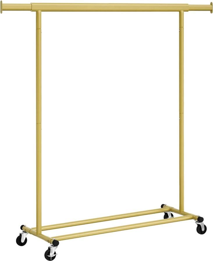 FurnStar Kledingrek Kledinghangers Kledingrek op wieltjes Kledingrek metaal Kledingroede voor zwaar gebruik Met uitschuifbare ophangrail 90 kg draagvermogen Eenvoudige montage Draagbaar 132 x 45.4 x 160 cm Goud