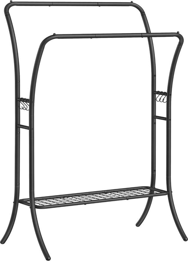 FurnStar Kledingrek kledingstang 2 garderobestangen kapstokken garderobe van metaal 6 haken plank kledingopslag voor slaapkamer woonkamer zwart