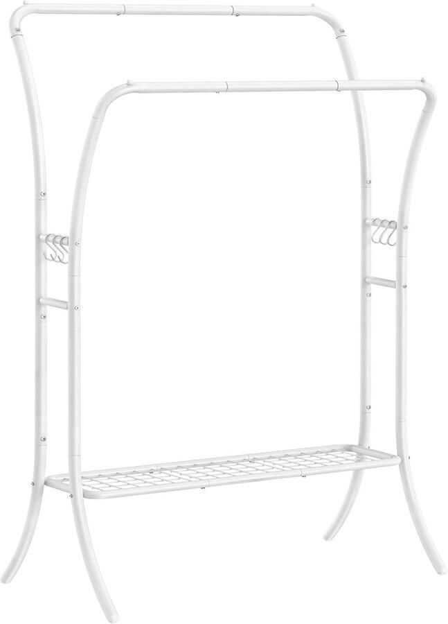 FurnStar Kledingrek kledingstang 2 garderobestangen kapstokken garderobe van metaal 6 haken plank kledingopslag voor slaapkamer woonkamer wit