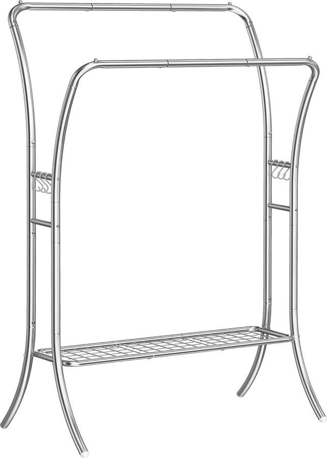 FurnStar Kledingrek kledingstang 2 garderobestangen kapstokken garderobe van metaal 6 haken plank kledingopslag voor slaapkamer woonkamer zilver