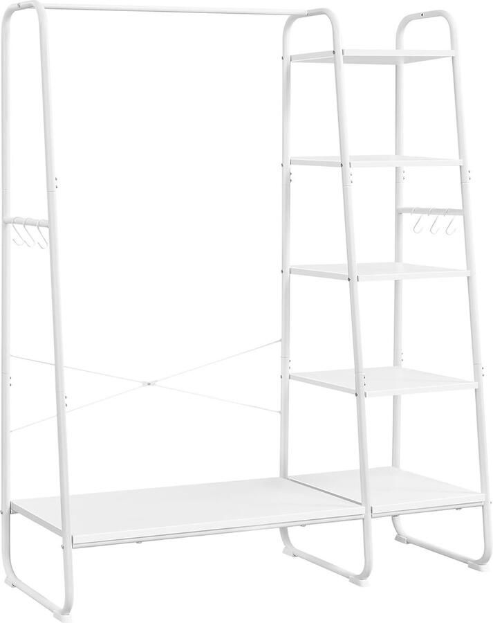 FurnStar Kledingrek met Kapstok – Open Kledingkast – 5 Planken – 6 S-haken – Kledingroede – Schoenenrek – 45 x 120 x 160 cm – Voor Slaapkamer & Hal- Wolkenwit- Matwit