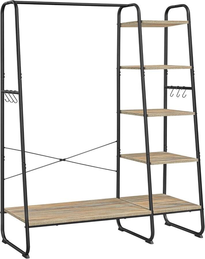 FurnStar Kledingrek met Kapstok – Open Kledingkast – 5 Planken – 6 S-haken – Kledingroede – Schoenenrek – 45 x 120 x 160 cm – Voor Slaapkamer & Hal- Turquoise-Bruin-Matzwart