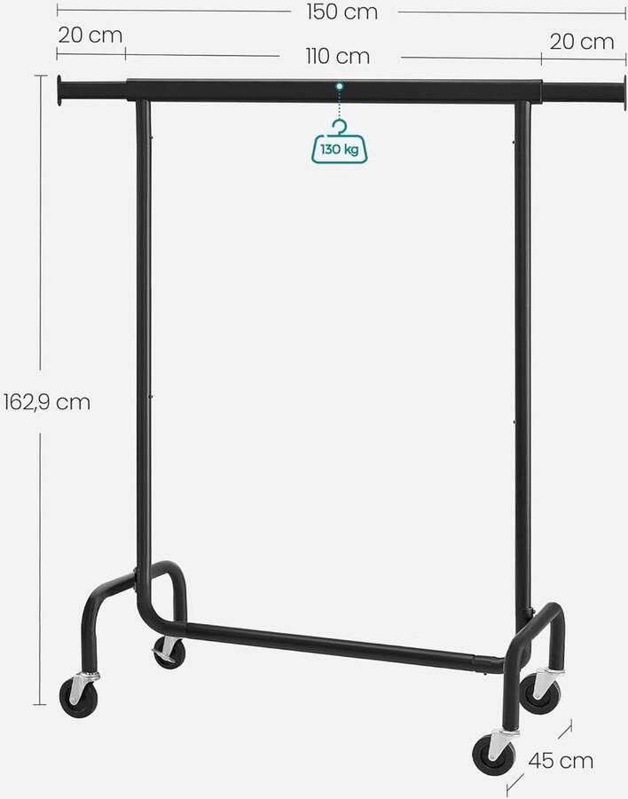 FurnStar Kledingrek op Wielen Metaal Verstelbaar Garderobestand- Voor zware belasting Uittrekbare kledingstang Tot 130 kg belastbaar Eenvoudige montage- Draagbaar 45 x (110-150) x 162 9 cm Van metaal- Verchroomd -Matzwart