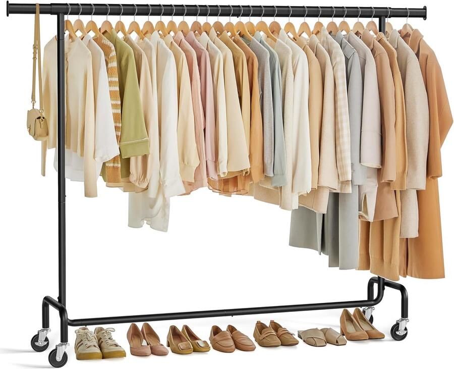 FurnStar Kledingrek op Wielen Metaal Verstelbaar Garderobestand- Voor zware belasting Uittrekbare kledingstang Tot 110 kg belastbaar Eenvoudige montage- Draagbaar 45 x (160-200) x 162 9 cm Van metaal -Verchroomd Mat Zwart