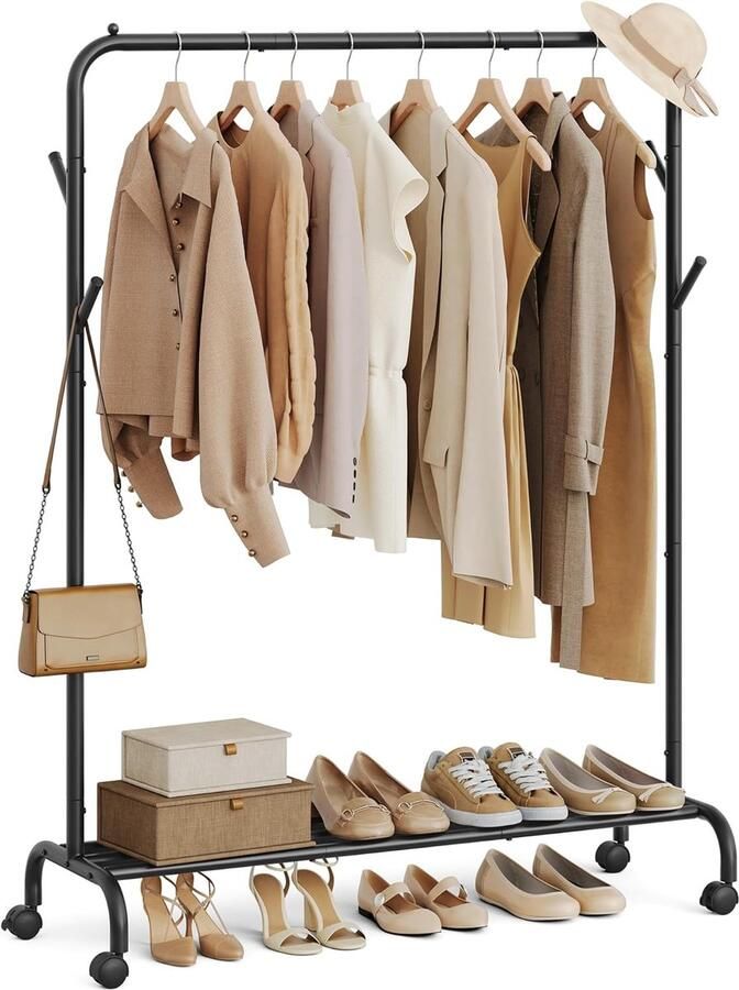 FurnStar Kledingrek op wieltjes 2 Kledingstangen Garderobestand Kapstok van stalen buizen 103.5 cm breed -Multifunctionele opslag Inktwart