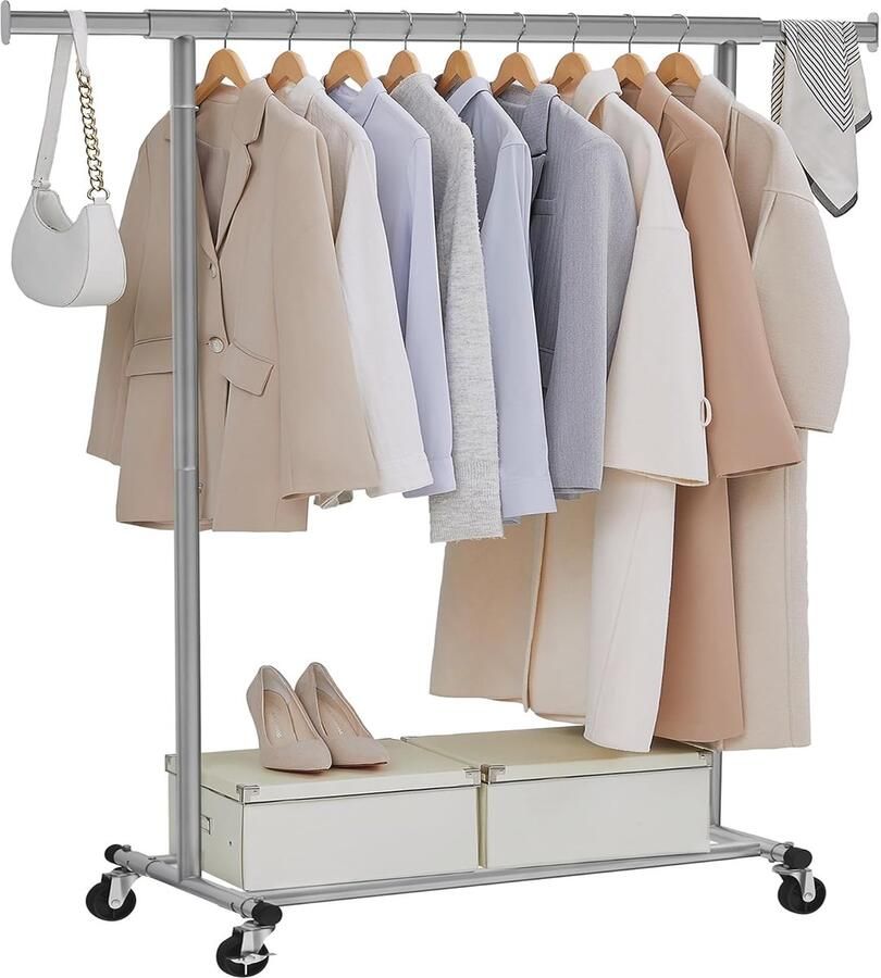 FurnStar kledingrek op wieltjes heavy duty garderobestand uittrekbare kledingstang tot 100 kg belastbaar eenvoudige montage draagbaar duifgrijs