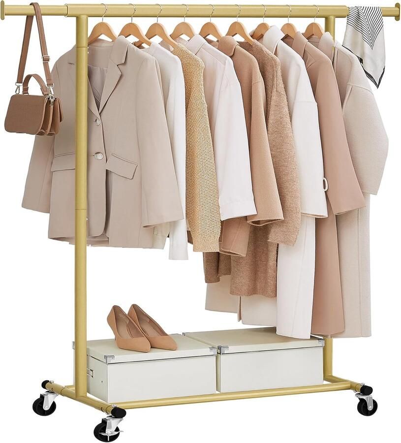 FurnStar Kledingrek op wieltjes heavy duty garderobestand uittrekbare kledingstang tot 100 kg belastbaar eenvoudige montage draagbaar lichtgoud