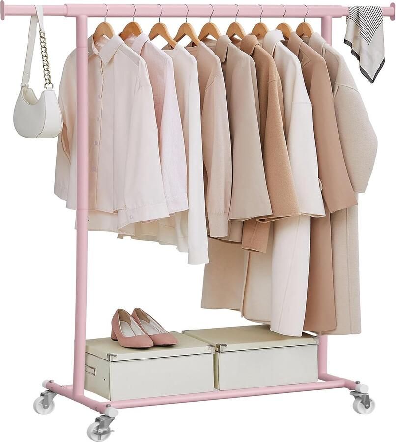 FurnStar Kledingrek op wieltjes heavy duty garderobestand uittrekbare kledingstang tot 100 kg belastbaar eenvoudige montage draagbaar pastelroze