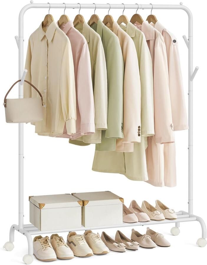 FurnStar Kledingrek op wieltjes kledingstang garderobestand kapstok van stalen buizen 103.5 cm breed multifunctionele opslag wolkenwit