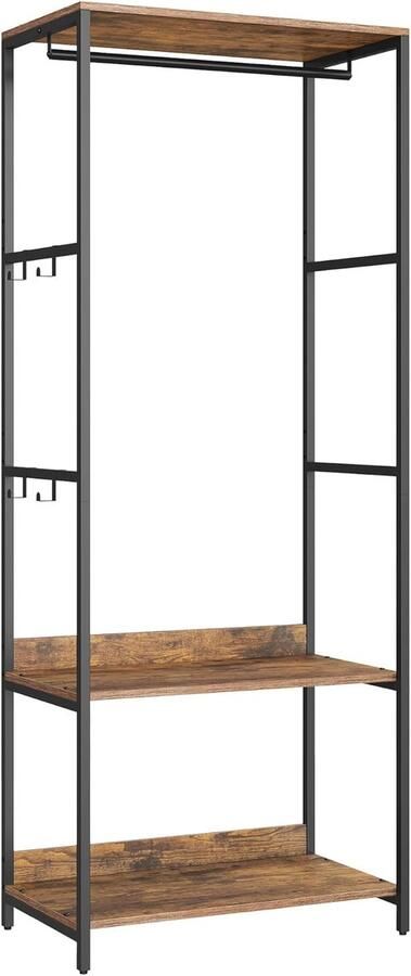 FurnStar Kledingrek -Open Garderobekast -Kledingstang -Garderobekast met Planken Metalen Garderobekast Vrijstaand – Planken Afneembare haken 40 x 60 x 181 cm vintage bruin