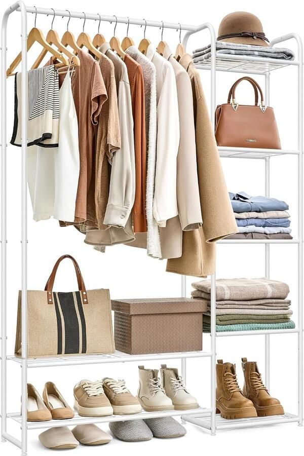 FurnStar Kledingrek -Open Garderobekast -Kledingstang -Garderobekast met Planken Metalen Garderobekast Vrijstaand -29 x 112 x 158.4 cm Mat Wit