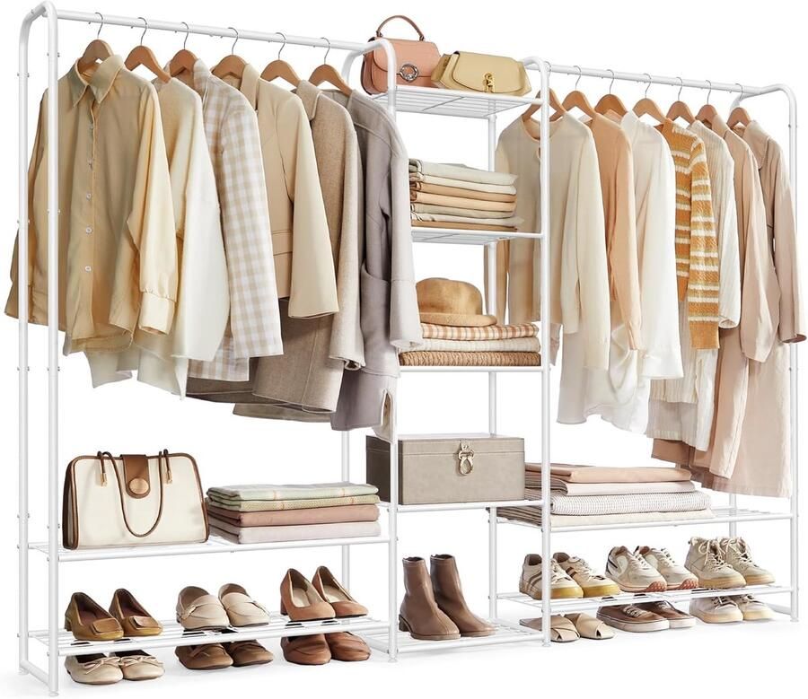 FurnStar Kledingrek Open Garderobekast Kledingstang Garderobekast met Planken Metalen Garderobekast Vrijstaand 29 x 183 x 158.4 cm Matwit