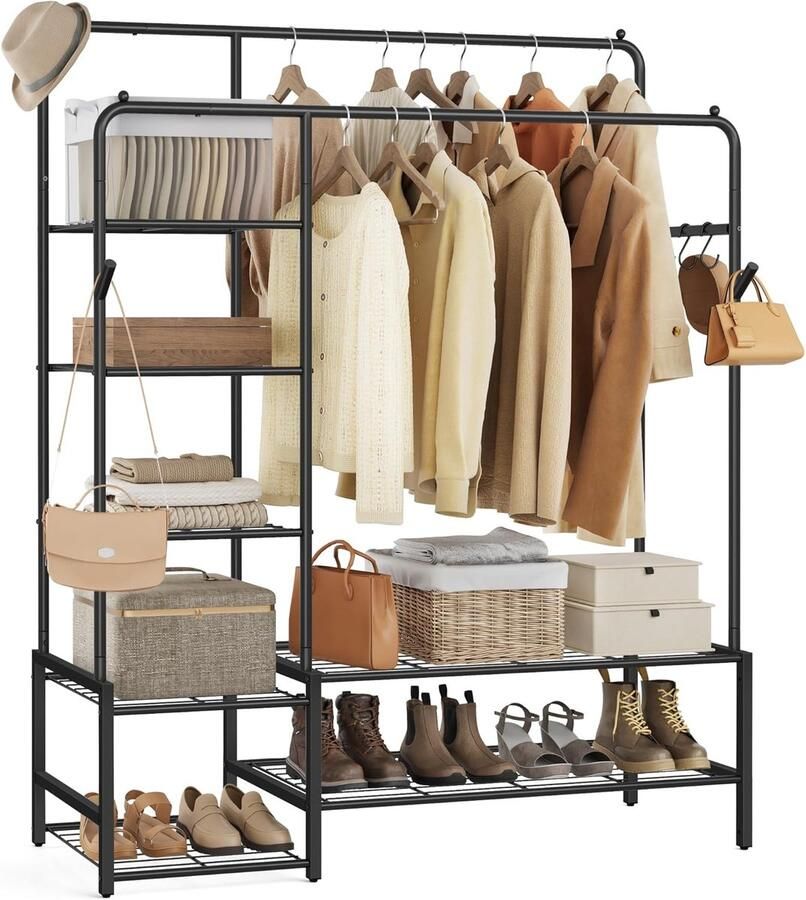 FurnStar Kledingrek Open kledingkast Kapstok met 7 planken Metalen frame -Kledingstang voor slaapkamer woonkamer entree 115 8 x 45 x 172 8 cm -Zwart