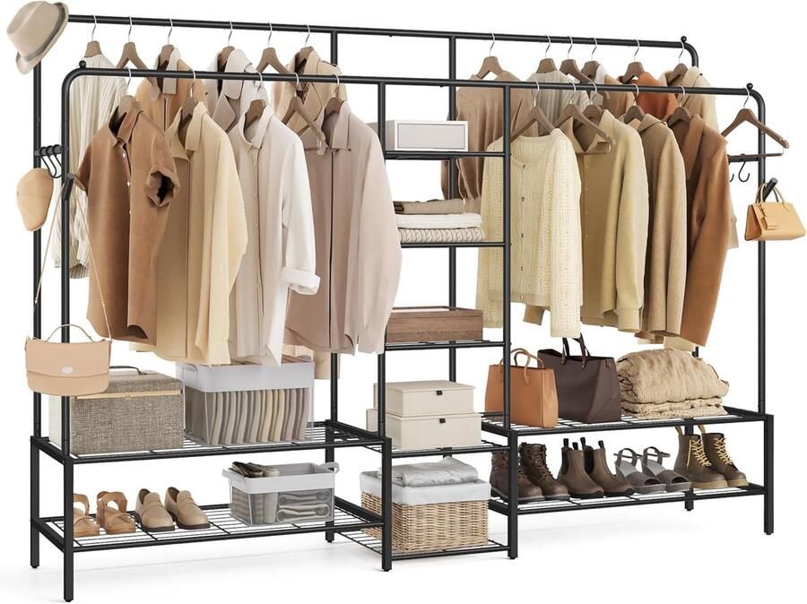 FurnStar Kledingrek Open kledingkast Kapstok met 9 planken Metalen frame Kledingstang voor slaapkamer woonkamer entree Zwart