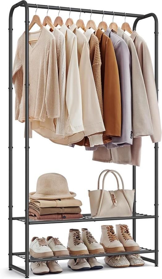 FurnStar Kledingrek Open kledingkast Kledingstang Kapstok met planken -Garderobe van metaal Vrijstaand 73 cm Matzwart