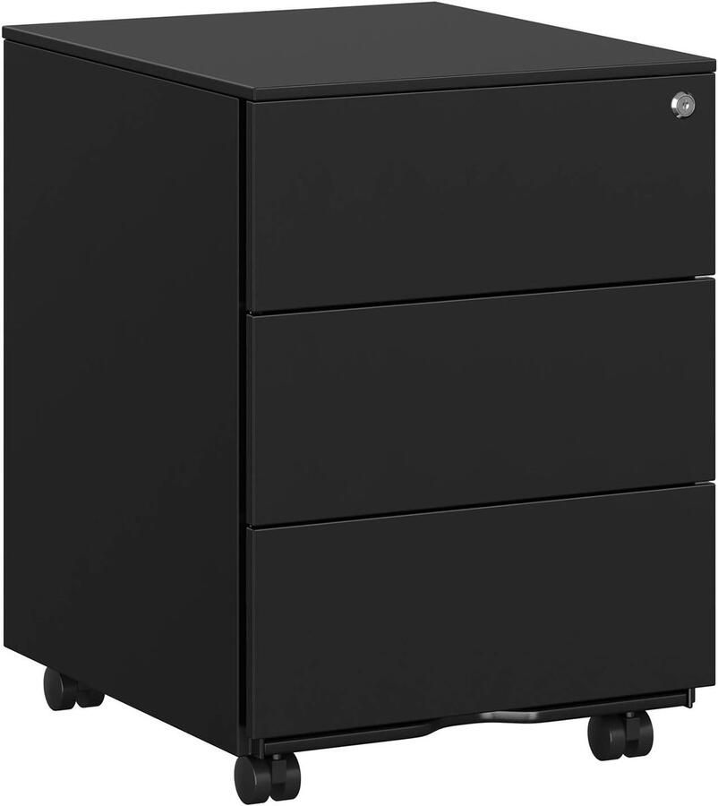 FurnStar Metalen Ladekast op Wielen Mobiele Archiefkast Afsluitbaar 3 Laden met Inzet Compacte Printtafel Voorgemonteerd Voor Kantoor & Thuis 40 x 30 x 54 cm -Inktzwart