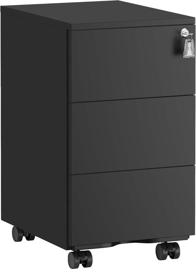 FurnStar Metalen Ladekast op Wielen Mobiele Archiefkast Afsluitbaar 3 Laden met Inzet Compacte Printtafel Voorgemonteerd Voor Kantoor & Thuis 40 x 30 x 54 cm Mat Zwart