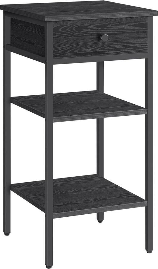 FurnStar Nachtkastje -Bijzettafel hoog met een lade en 2 open vakken 1 Verstelbare plank Ruimtebesparend Verstelbare poten Industrieel design Ebbenhoutzwart inktzwart