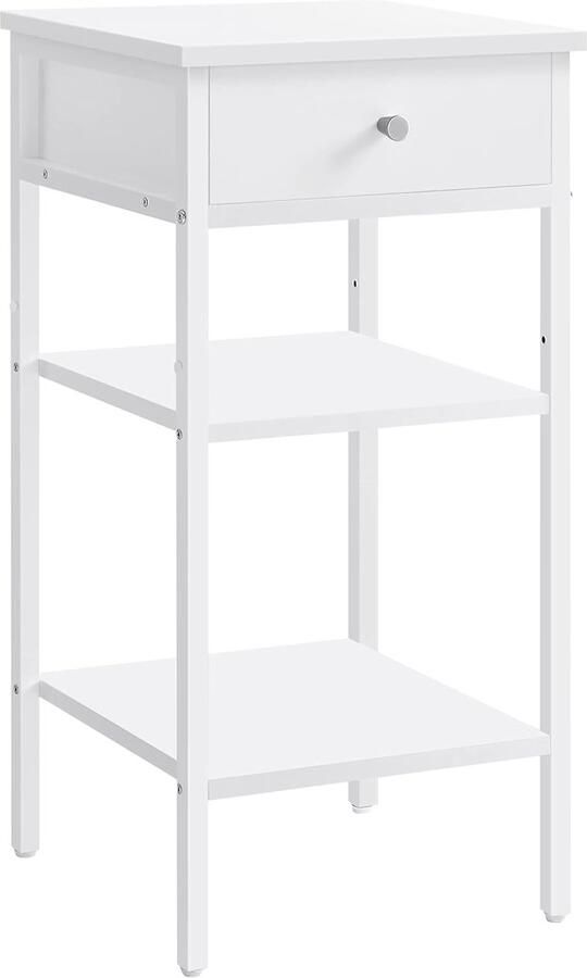 FurnStar Nachtkastje -Bijzettafel hoog met een lade en 2 open vakken 1 verstelbare plank Ruimtebesparend Verstelbare poten Modern Wit