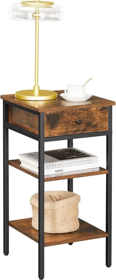 FurnStar Nachtkastje -Bijzettafel hoog met een lade en 2 open vakken 1 Verstelbare plank Ruimtebesparend Verstelbare poten Industrieel design Rustiek bruin en zwart