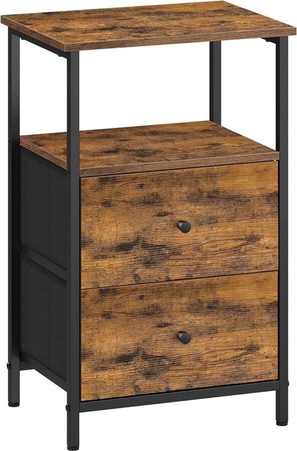 FurnStar Nachtkastje Bijzettafel met 2 stoffen laden Salontafel met planken 61 cm hoog Voor woonkamer Slaapkamer Rustiek Brown Ink Black Matte Black