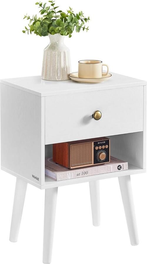 FurnStar Nachtkastje – Bijzettafel met lade & open plank – Houten poten – Voor woonkamer slaapkamer bank – Sneeuwwit – 28 x 39 x 55 cm