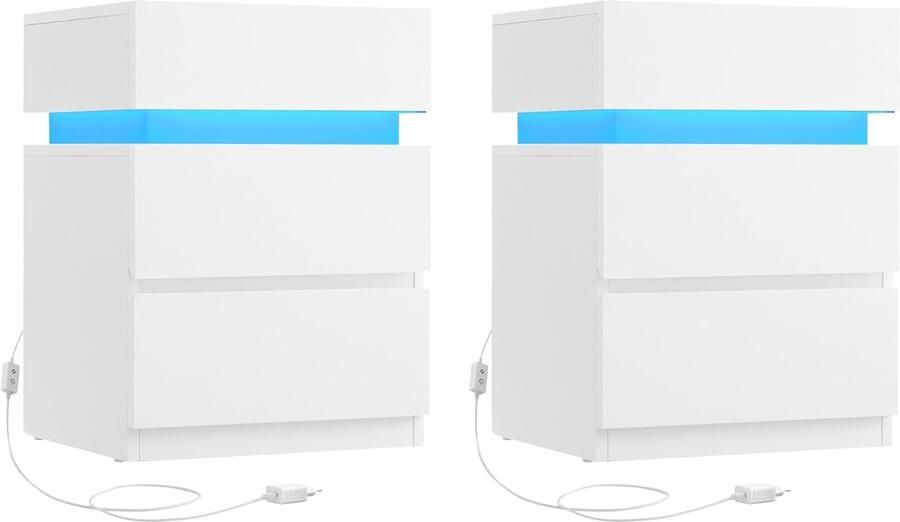 FurnStar Nachtkastje met ledverlichting Set van 2 Bijzettafel Verstelbare kleuren Banktafel met 3 laden Nachtkastje slaapkamer Modern 35 x 40 x 55 cm Wit