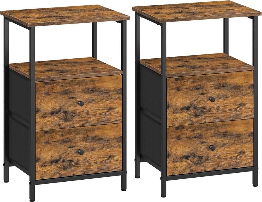 FurnStar Nachtkastje Set van 2 Bijzettafel met 2 stoffen laden Salontafel met planken 61 cm hoog Voor woonkamer Slaapkamer Rustiek Brown Inkt Black Matte Black