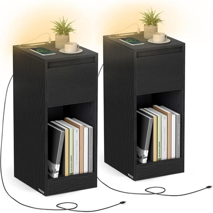 FurnStar Nachtkastje set van 2 Slank bijzettafeltje met LED-verlichting USB-A & USB-C poort 1 lade & open vak Voor slaapkamer & woonkamer 40 x 30 x 61 cm Ebbenhout zwart