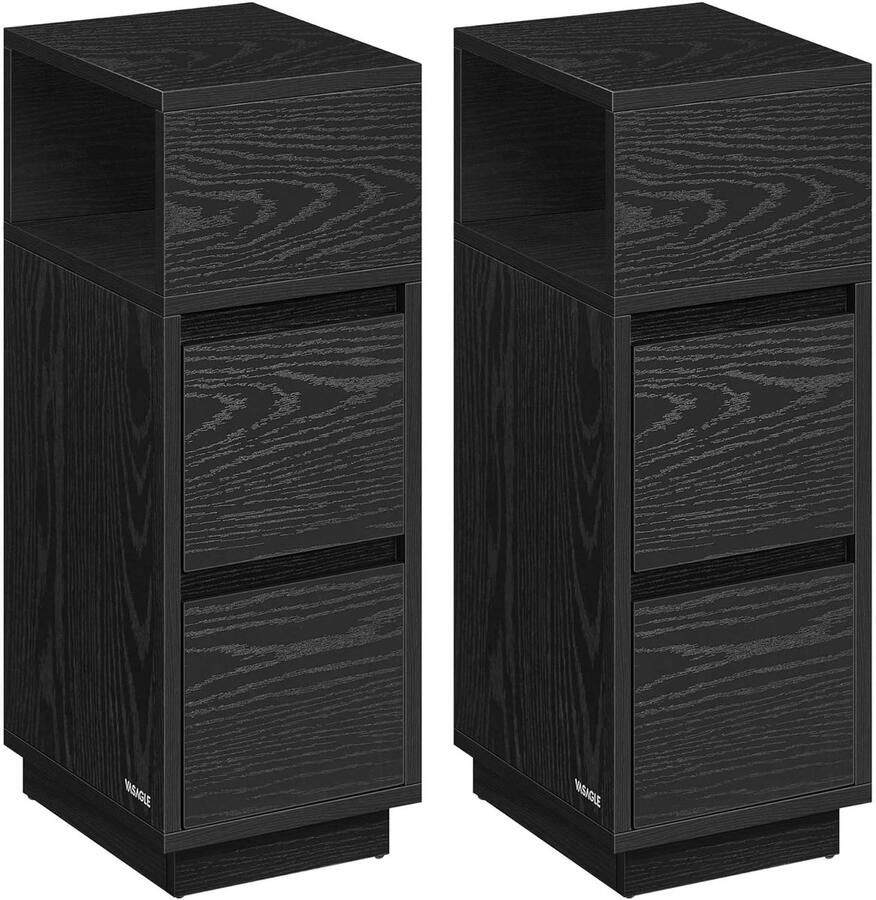 FurnStar Nachtkastje set van 2 smal bijzettafel met 2 laden open vak naar links of rechts flexibel monteerbaar voor slaapkamer woonkamer ebbenzwart LET856B56