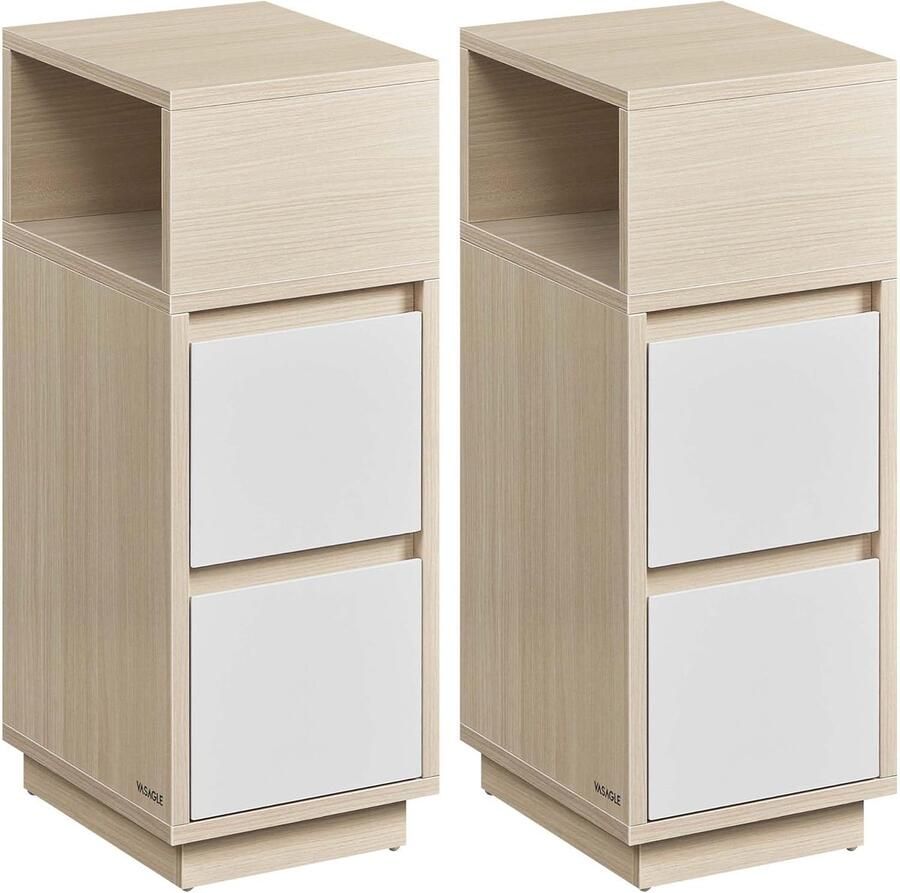 FurnStar Nachtkastje set van 2 smal bijzettafel met 2 laden open vak naar links of rechts flexibel monteerbaar voor slaapkamer woonkamer natuurbeige-wolkenwit LET856N01