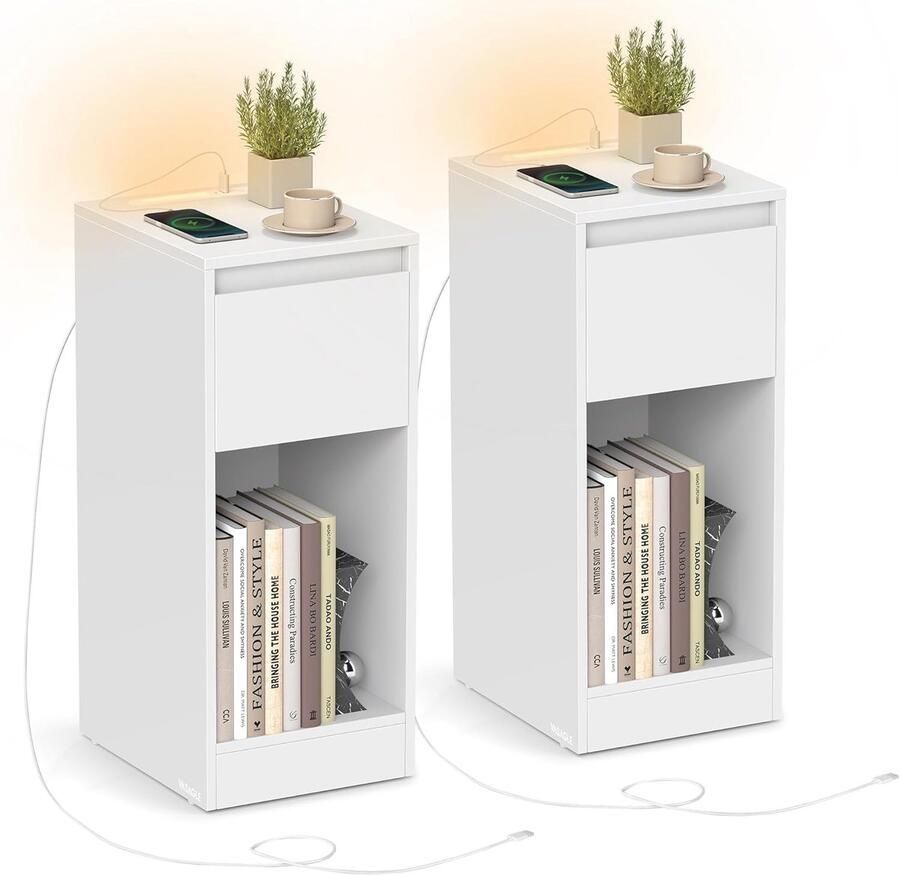 FurnStar – Nachtkastje set van 2 – Smal bijzettafeltje met lade en open vak – Inclusief LED-verlichting USB-A & USB-C poort – Voor slaapkamer & woonkamer – Wolkenwit