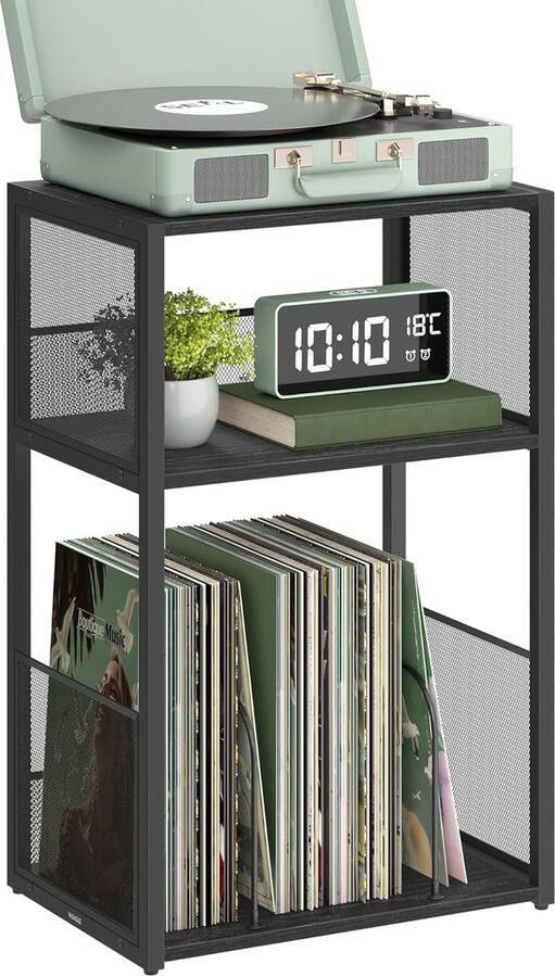 FurnStar – Platenspeler standaard – 3 etages – Opslag tot 100 LP s – Bijzettafel – Industriële stijl – 30 x 43 x 69 cm – Ebbenhout zwart