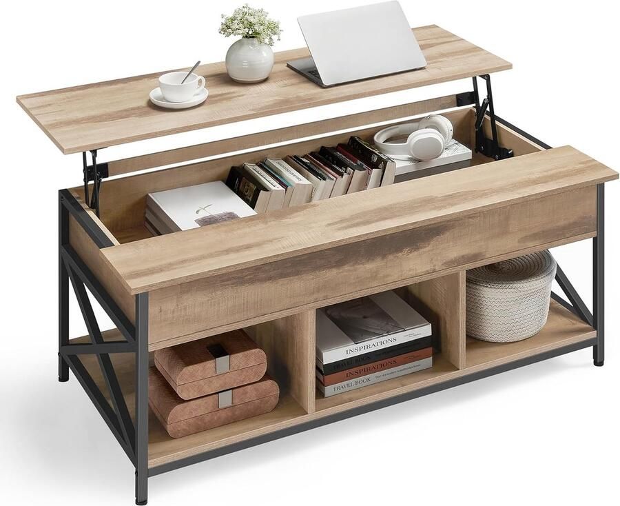 FurnStar Salontafel In Hoogte Verstelbare Woonkamertafel Koffietafel Open En Verborgen Opbergruimte 60 X 120 X (48-62) Cm Camelbruin-zwart
