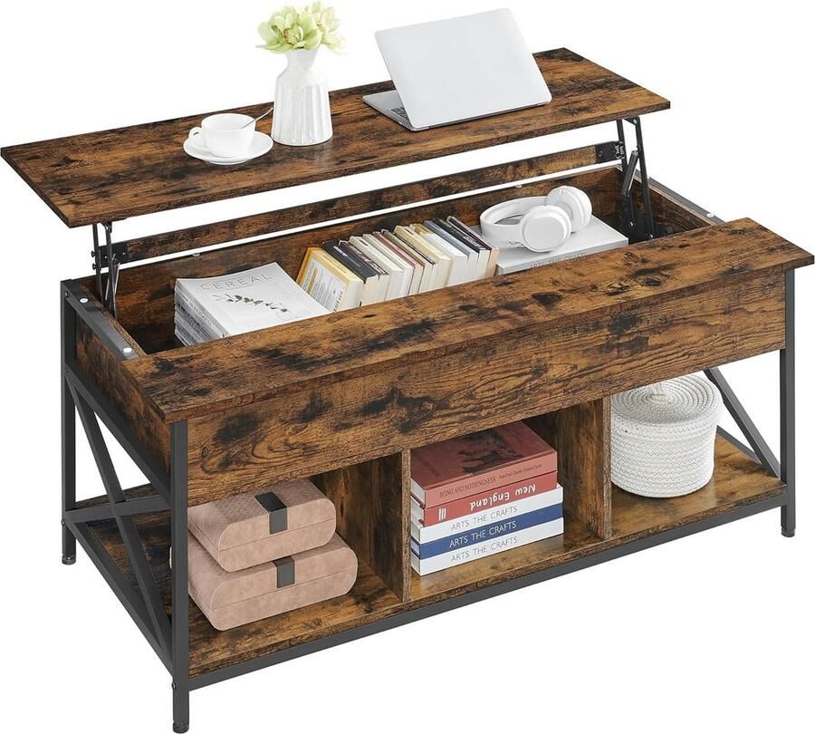 FurnStar Salontafel In Hoogte Verstelbare Woonkamertafel Koffietafel Open En Verborgen Opbergruimte 60 X 120 X (48-62) Cm Vintage Bruin-Zwart