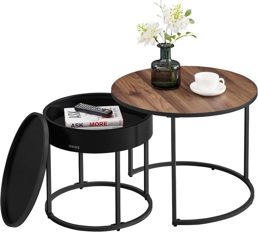 FurnStar Salontafel rond – Set van 2 bijzettafels – Moderne nestbare tafels met verborgen opbergruimte – Dienbladfunctie – Walnootkleur- Inktzwart – 60 44 cm