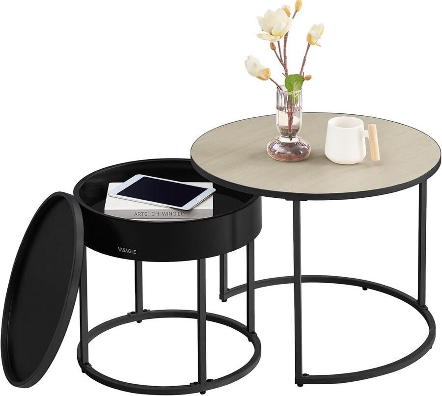 FurnStar Salontafel rond – Set van 2 bijzettafels – Moderne nestbare tafels met verborgen opbergruimte – Dienbladfunctie – Natuurbeige-Inktzwart – 60 44 cm