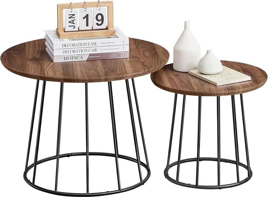 FurnStar Salontafel Rond – Set van 2 – Moderne Ronde Bijzettafel – Stalen Frame – Voor Woonkamer & Slaapkamer – Walnootkleur LCT045K43