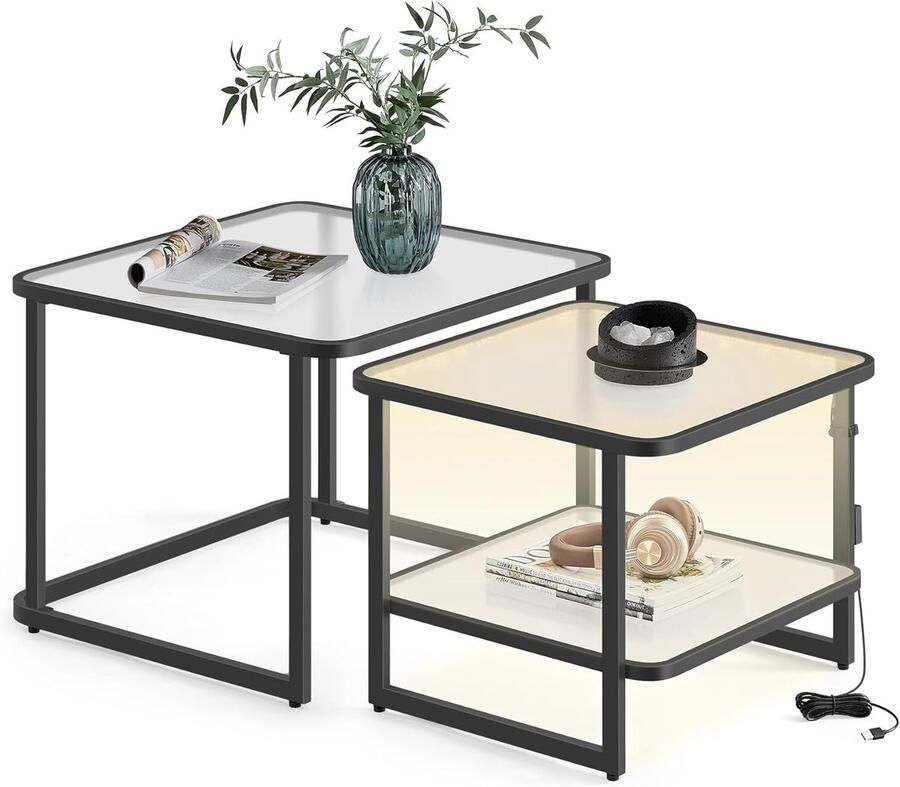 FurnStar Salontafel Set van 2 met LED-Verlichting Vierkante Bijzettafel Modern Melkglas Onderste Plank Wolkenwit-Inkzwart LCT246B01
